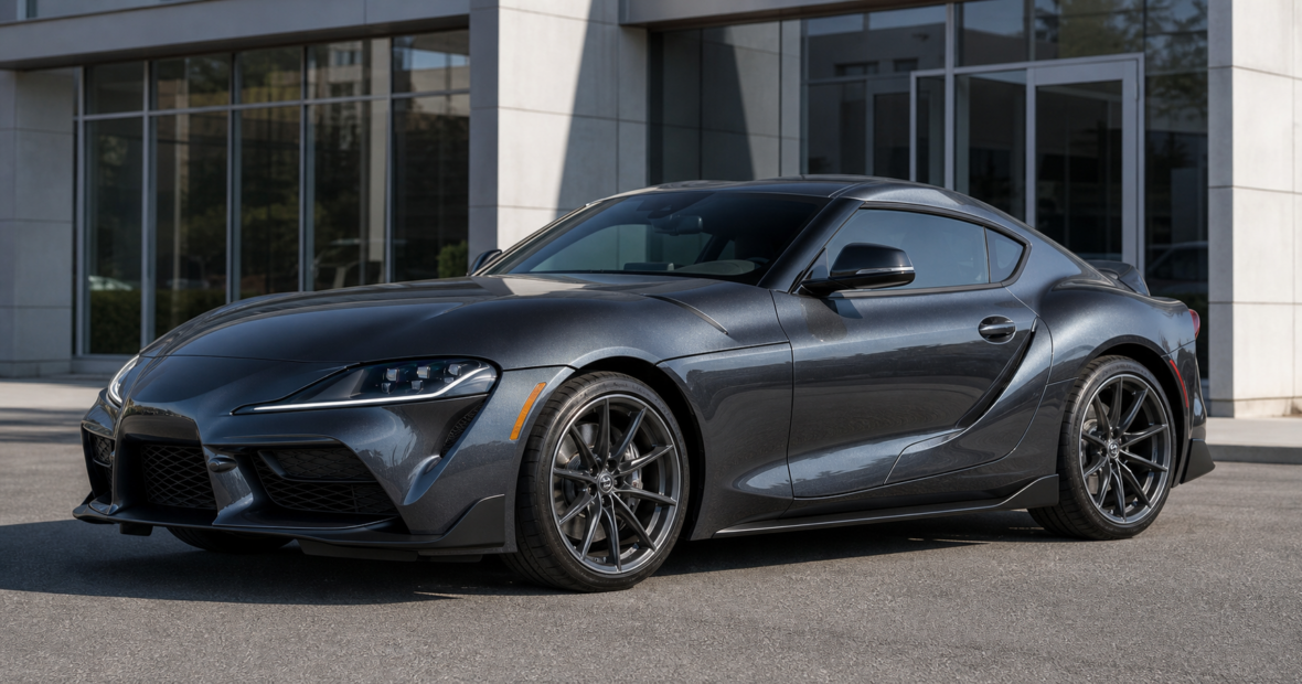 Toyota GR Supra 2.0 in dark metallic gray photographed from the front three-quarter angle outdoors