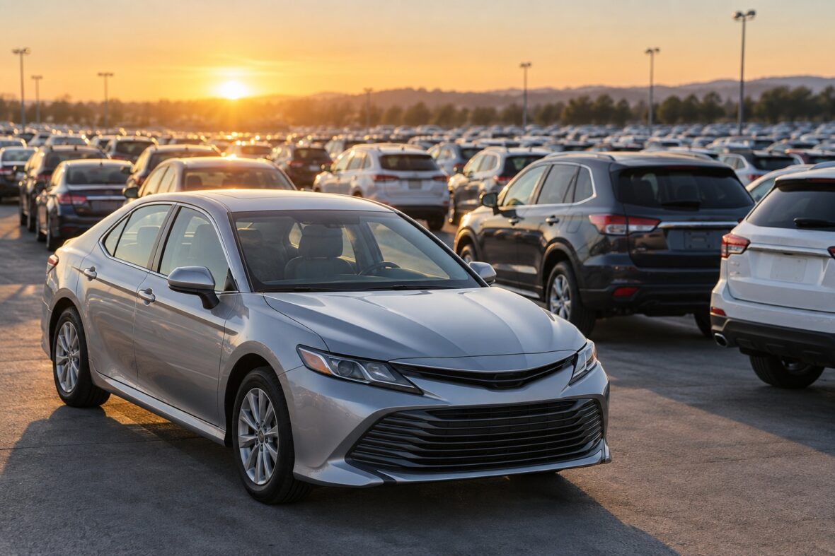 Rows of used sedans and SUVs at a wholesale vehicle lot