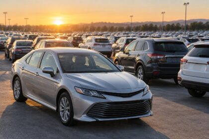 Rows of used sedans and SUVs at a wholesale vehicle lot