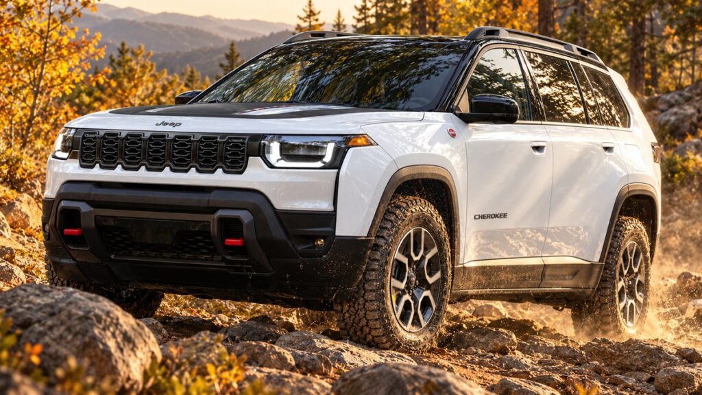 White 2027 Jeep Cherokee Trailhawk climbing a rocky autumn trail