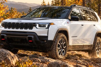 White 2027 Jeep Cherokee Trailhawk climbing a rocky autumn trail